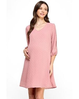 Hello Miss Maternity Swiss Dot Split Sleeve V Neck Dress - Pink