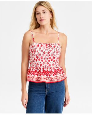 On 34th Printed Cotton Tie-back Peplum Top - Red