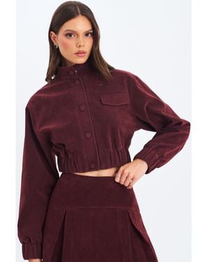 Miss Circle Farryn Faux Suede Cropped Bomber Jacket - Red