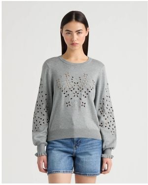 NVLT Long Sleeve Eyelet Crew Neck Sweater - Gray