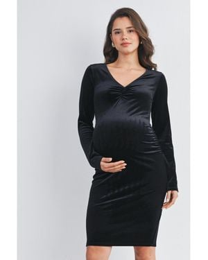 Hello Miss Maternity Long Sleeve V Neck Ruched Velvet Dress - Black