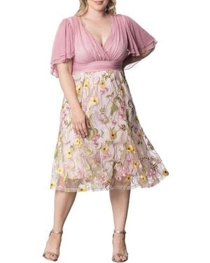 Kiyonna Plus Size Lillian Embroidered Mesh Midi Cocktail Dress - Black