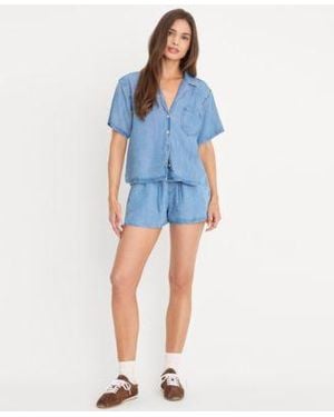 GOOD AMERICAN Collared Neck Denim Camp Shirt Pull On Denim Shorts - Blue