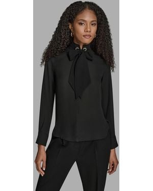 BCBGMAXAZRIA Long Sleeve Tie Neck Blouse - Black