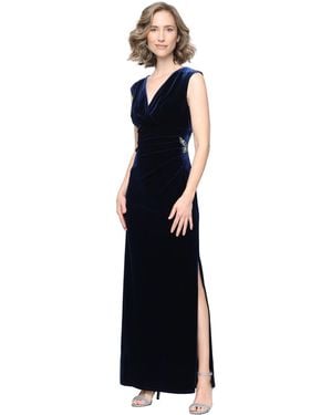 Sl Fashions Velvet V-neck Pointed Empire Waist Gown - Blue