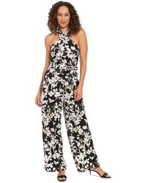 London Times Petite Cross-neck Tie-waist Sleeveless Jumpsuit - White