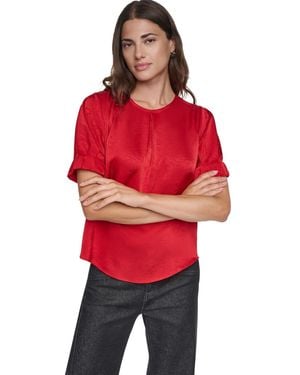 DKNY Satin Roll-sleeve Slight-crease Crewneck Blouse - Red