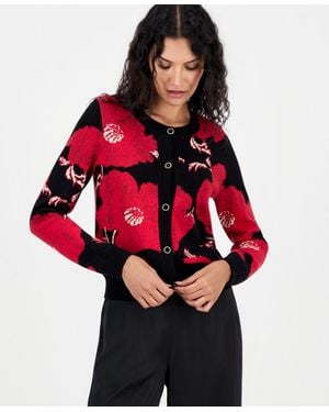 Tahari Long-sleeve Floral-print Jacquard Cardigan - Red