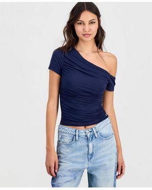 Guess Jaide Asymmetric Short-sleeve Shirring Top - Blue