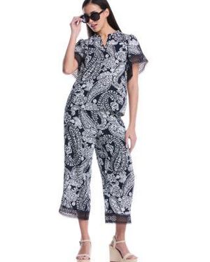 Rafaella Petite Paisley Print Flutter Lace Short Sleeve Blouse Crochet Trim Pants - Blue
