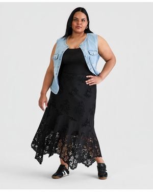 And Now This Trendy Plus Size Embroidered Cotton Midi Skirt - Black