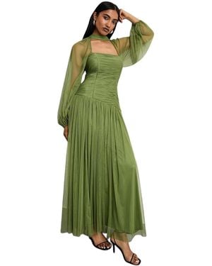 Warehouse Bow Detail Gathered Tulle Maxi Dress - Green