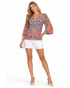 La Moda Clothing Medallion-print Bell-sleeve V-neck Tunic Top - Red