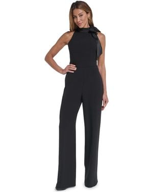 Vince Camuto Signature Stretch Satin Bow Neck Halter Wide-leg Formal Sleeveless Jumpsuit - Blue