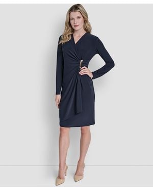 DKNY V-neck Faux Wrap Dress - Blue