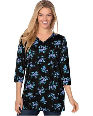 Woman Within Within Perfect Printed Three-quarter-sleeve V-neck Tunic - Black