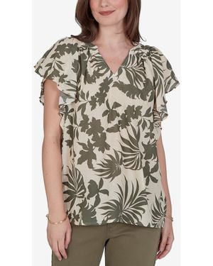 Ruby Rd. Petite Tropical Print Gauze Flutter-sleeve Top - Brown