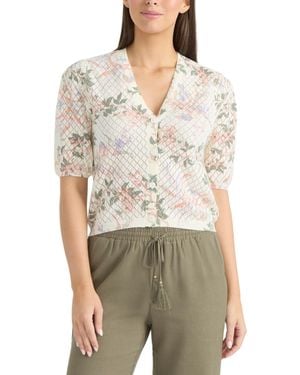 Ellen Tracy Printed Flutter Sleeve Pointelle Sweater - Natural