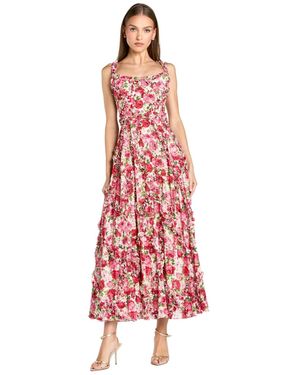 Mac Duggal Floral Cotton Ruffle Square Neck Ankle Dress - Red