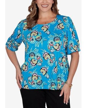 Ruby Rd. Plus Size Etched Floral Puff Print T-shirt - Blue