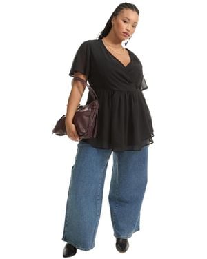 June + Vie June + Vie Plus Size Faux Wrap Fit-and-flare Top - Black
