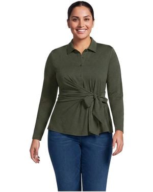 Lands' End Plus Size Long-sleeve Jersey Tie Detail Blouse - Green