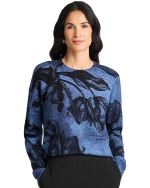 Vince Camuto Floral-print Long-sleeve Crewneck Sweater - Blue