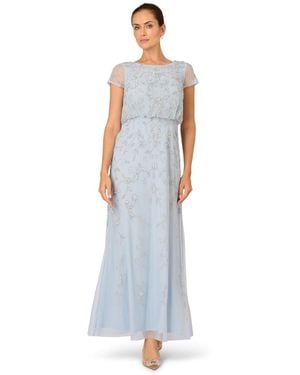 Adrianna Papell Boat-neck Short-sleeve Beaded Blouson Gown - Blue
