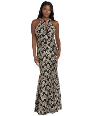 R & M Richards Long Lace Scalloped Bodice Dress - Metallic