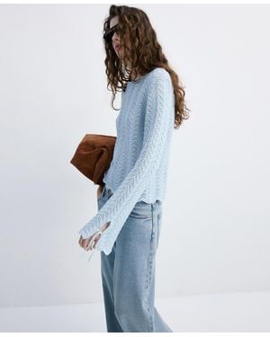 Mango Slit Sleeves Open-knit Sweater - Blue
