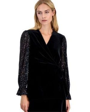 Anne Klein Long Sleeve Ruffle Cuff Wrap Blouse - Black