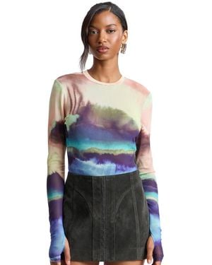 Avec Les Filles Printed Long-sleeve Mesh Top - Blue