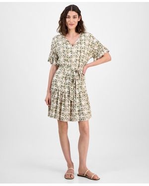 Nautica Mila Printed Tie-waist Ruffle-cuff Dress - White