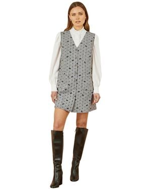 Yumi' Bow Print Button Up Pinafore Dress - Gray