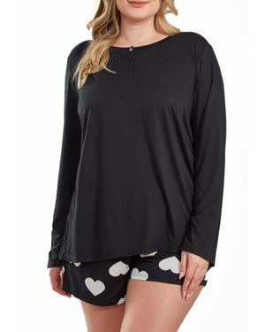 iCollection Kind Heart Plus Size Modal Henley Pajama Short Set Ultra Soft - Black