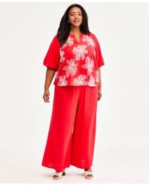 Vince Camuto Plus Size Split Neck Band Bubble Sleeve Blouse Cropped Wide Leg Pants - Red