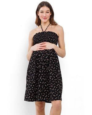 Hello Miss Maternity Floral Smocked Halter Dress - Black