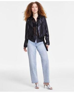 DKNY Faux Leather Moto Jacket Faux Leather Trim Sheer Shirt High Rise Embellished Wide Leg Jeans - Blue