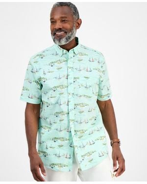 Club Room Short Sleeve Sailboat Scene Print Button-down Shirt - Green