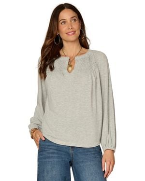 Democracy Petite Shirt Tail Knit Novelty Smocking Top - Gray