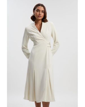 Karen Millen Crepe Buckle Waist Midi Shirt Dress - White