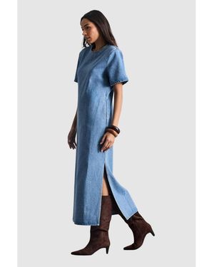 Warehouse Denim Side Split Midi Dress - Blue