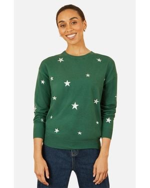 Yumi' Foil Star Print Relaxed Fit Sweater - Green
