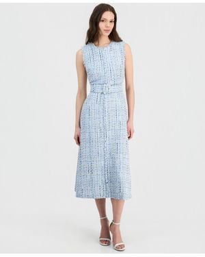 Anne Klein Tweed Belted Sleeveless Midi Dress - Blue