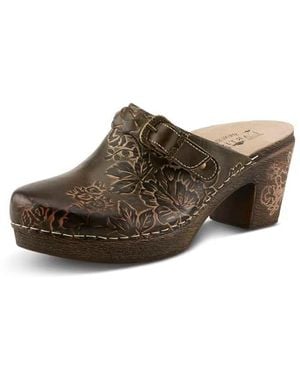 L'ARTISTE Calliroe Open-back Clogs | Hand-painted Leather Slip-on With Floral Details - Black