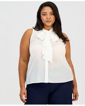 Tahari Plus Size Sleeveless Ruffled Bow Blouse - White