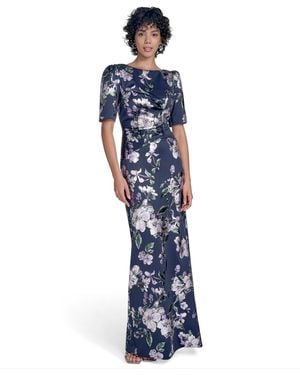 Jessica Howard Petite Size Floral Print Short Sleeve Boat-neck Gown - Blue