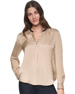 DKNY V-neck Satin Long-sleeve Top - Natural