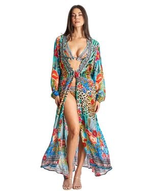 La Moda Clothing Maxi Belted Cape Dress - Blue