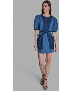 BCBGMAXAZRIA Two-tone Tie Waist Crew Neck Dress - Blue
